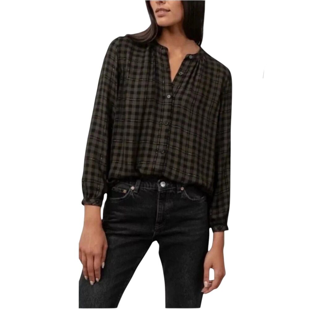 Rails Eloise Plaid Button Down Blouse Size Small Onyx Lurex Relaxed Fit EUC